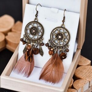 *CHARITA* Bronze x Feather Fashion Dangle Earrings